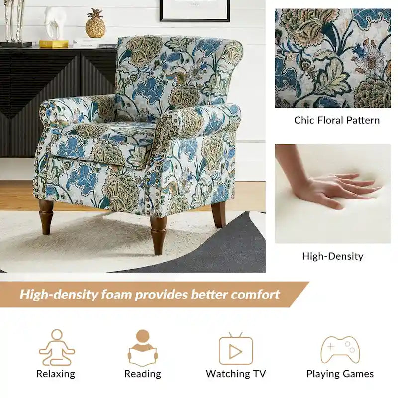 Fauteuil d’appoint traditionnel en polyester avec accoudoirs arrondis et garniture de clous décoratifs