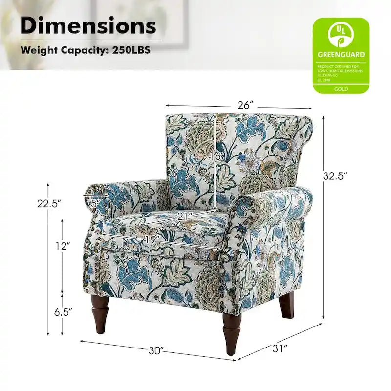 Fauteuil d’appoint traditionnel en polyester avec accoudoirs arrondis et garniture de clous décoratifs