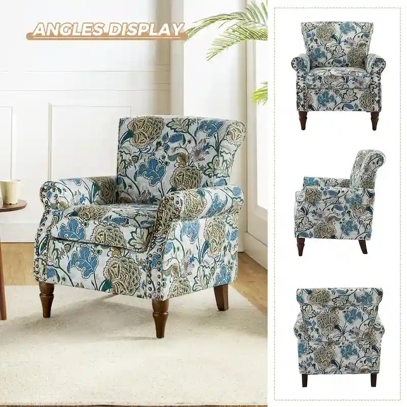 Fauteuil d’appoint traditionnel en polyester avec accoudoirs arrondis et garniture de clous décoratifs
