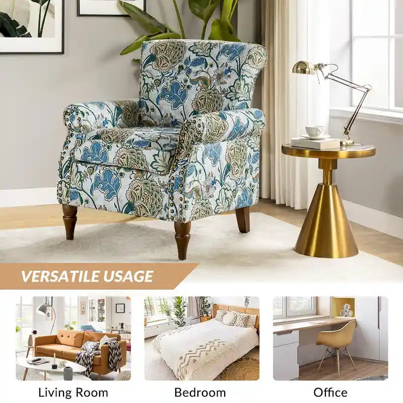 Fauteuil d’appoint traditionnel en polyester avec accoudoirs arrondis et garniture de clous décoratifs