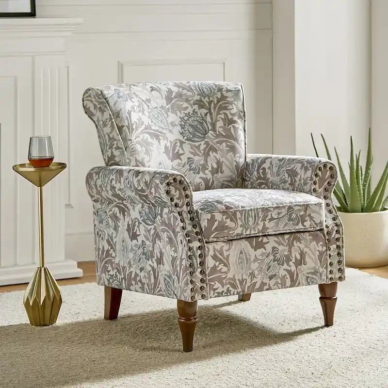 Fauteuil d’appoint traditionnel en polyester avec accoudoirs arrondis et garniture de clous décoratifs