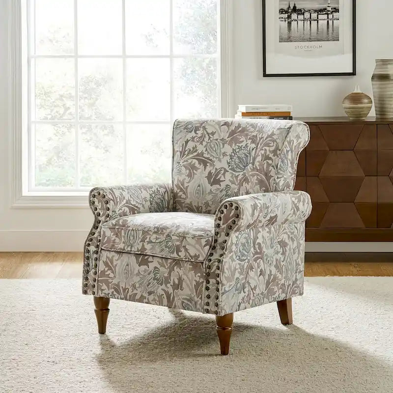 Fauteuil d’appoint traditionnel en polyester avec accoudoirs arrondis et garniture de clous décoratifs