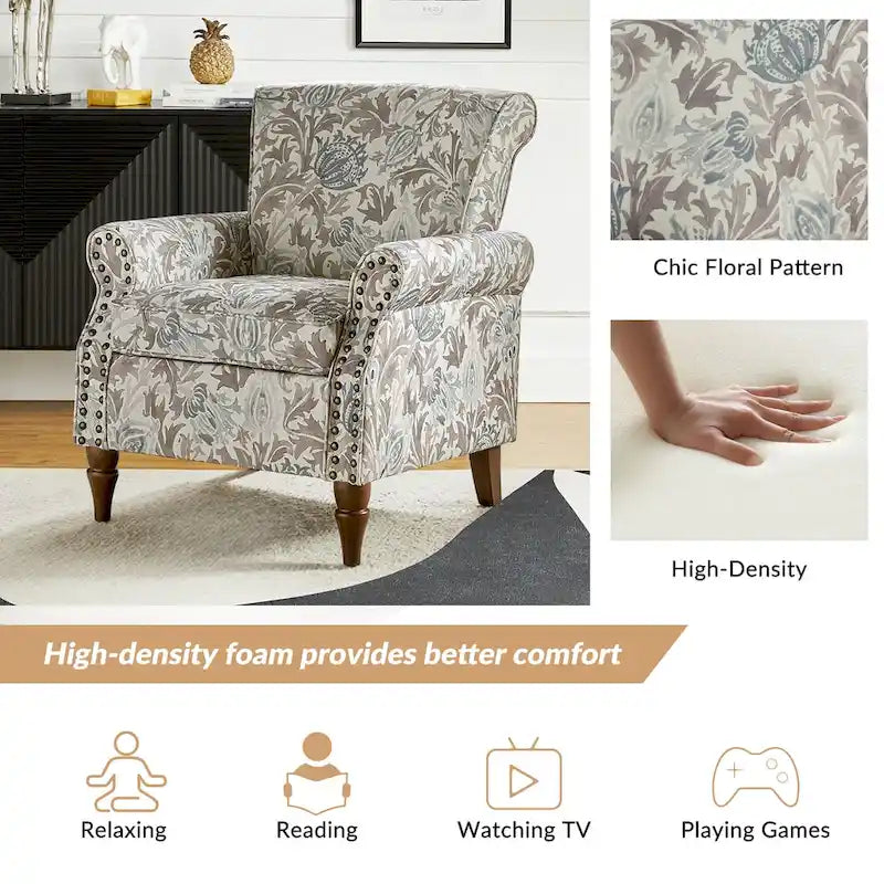 Fauteuil d’appoint traditionnel en polyester avec accoudoirs arrondis et garniture de clous décoratifs