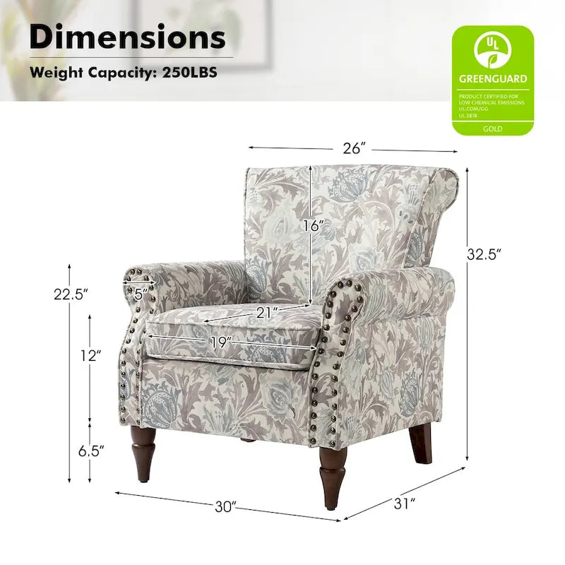 Fauteuil d’appoint traditionnel en polyester avec accoudoirs arrondis et garniture de clous décoratifs