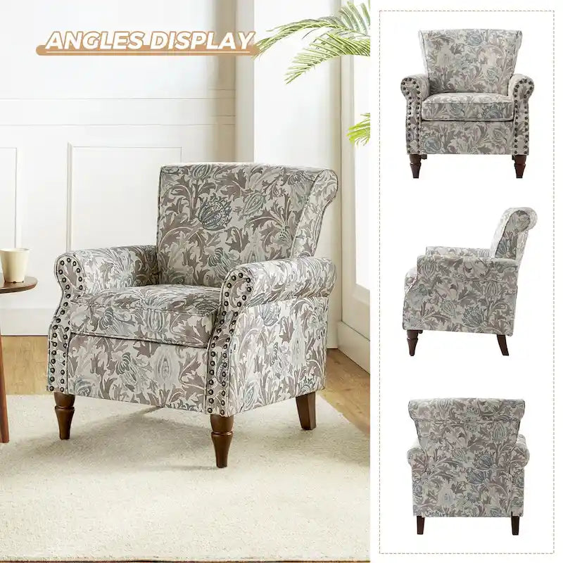 Fauteuil d’appoint traditionnel en polyester avec accoudoirs arrondis et garniture de clous décoratifs