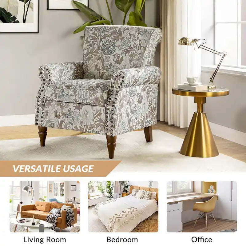 Fauteuil d’appoint traditionnel en polyester avec accoudoirs arrondis et garniture de clous décoratifs