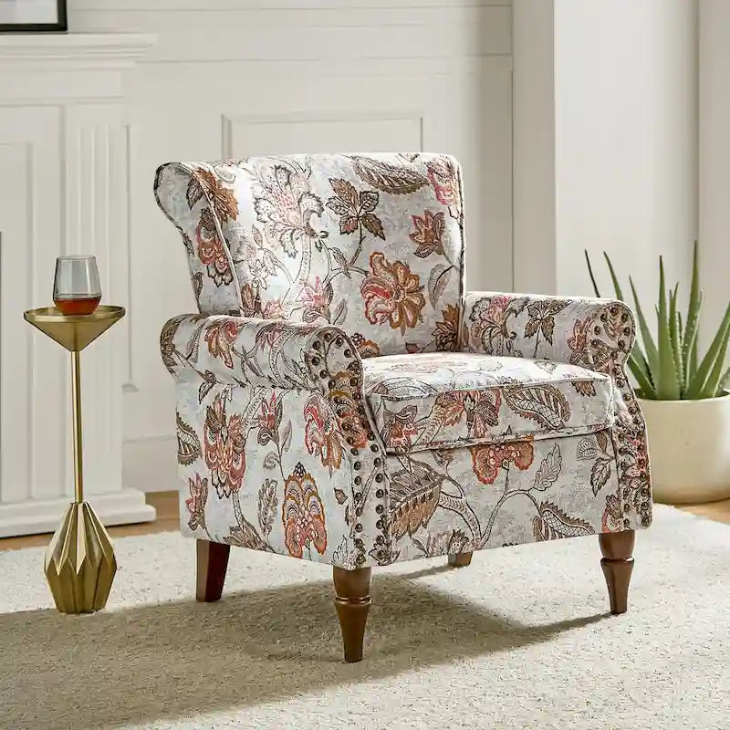 Fauteuil d’appoint traditionnel en polyester avec accoudoirs arrondis et garniture de clous décoratifs