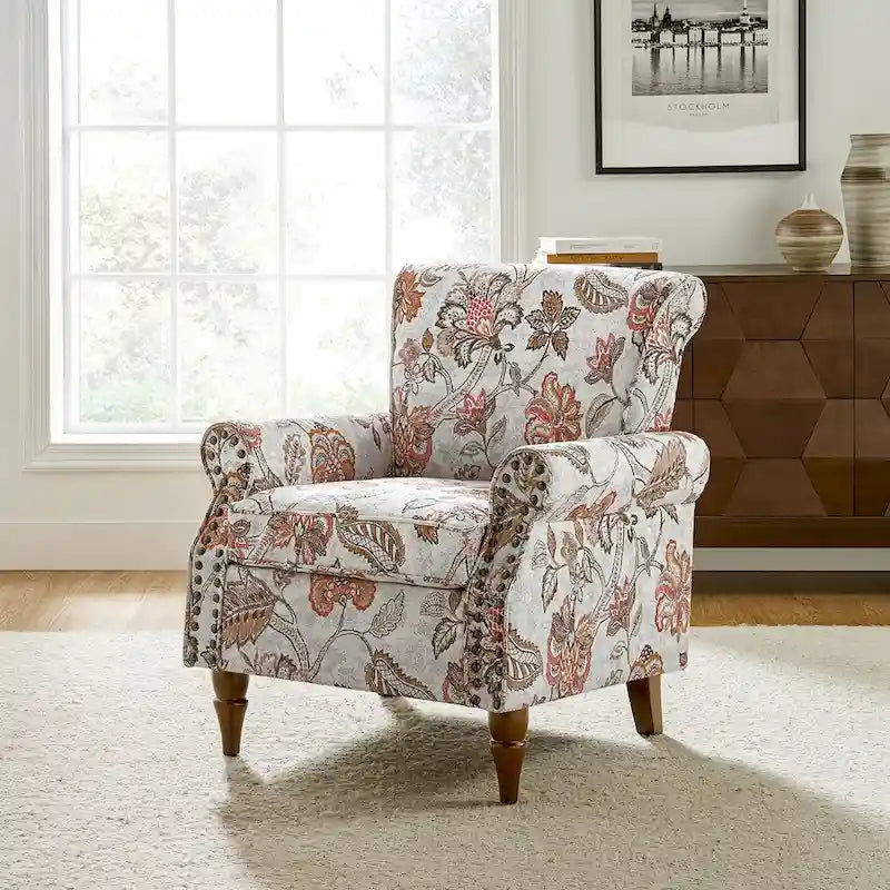 Fauteuil d’appoint traditionnel en polyester avec accoudoirs arrondis et garniture de clous décoratifs
