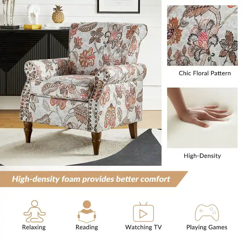 Fauteuil d’appoint traditionnel en polyester avec accoudoirs arrondis et garniture de clous décoratifs
