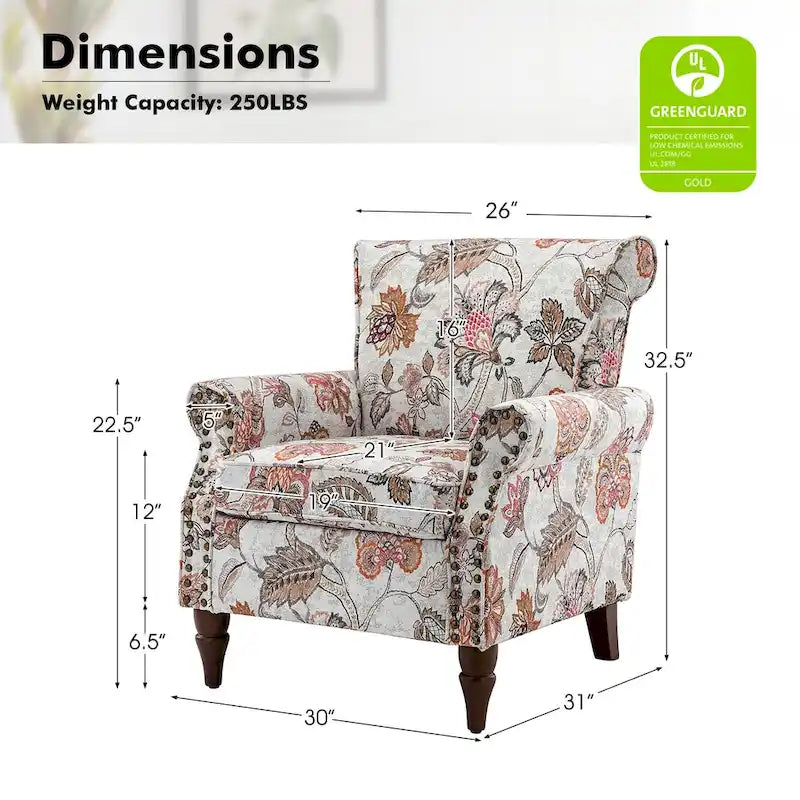 Fauteuil d’appoint traditionnel en polyester avec accoudoirs arrondis et garniture de clous décoratifs