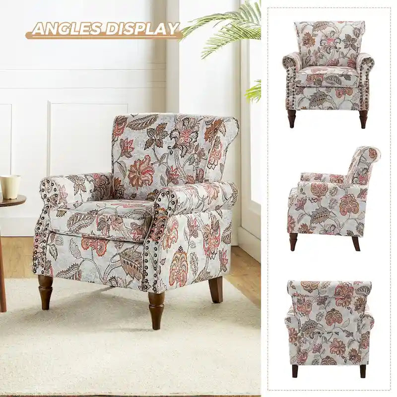 Fauteuil d’appoint traditionnel en polyester avec accoudoirs arrondis et garniture de clous décoratifs