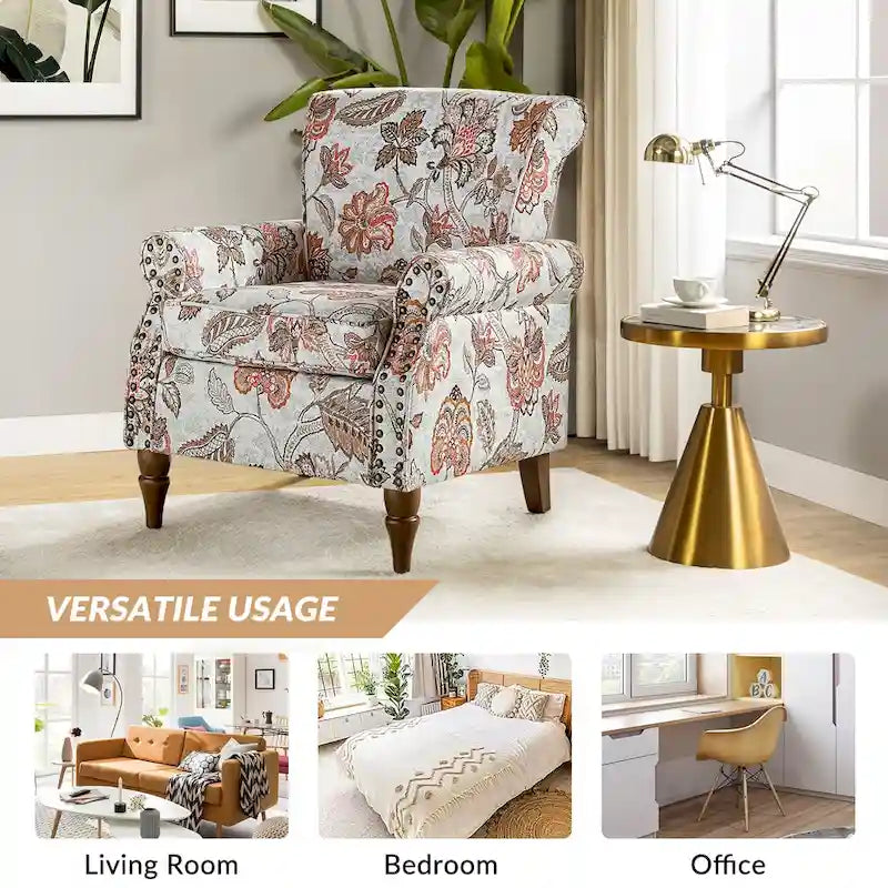 Fauteuil d’appoint traditionnel en polyester avec accoudoirs arrondis et garniture de clous décoratifs