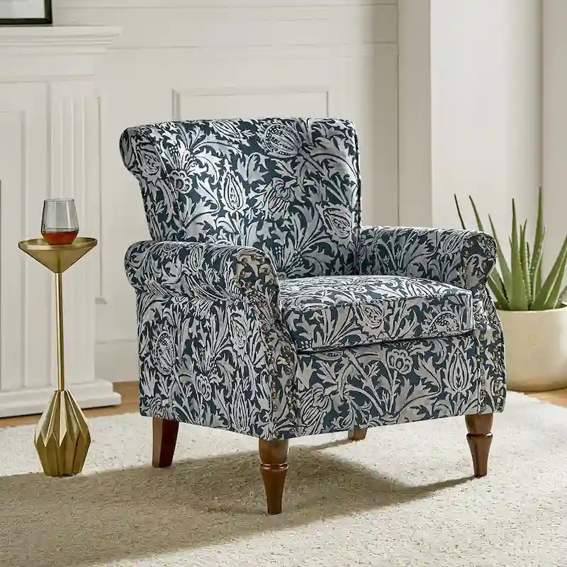 Fauteuil d’appoint traditionnel en polyester avec accoudoirs arrondis et garniture de clous décoratifs
