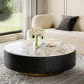 Table basse tambour moderne avec placage de chêne, plateau en pierre frittée et 2 tiroirs en bois massif, entièrement assemblée, blanche