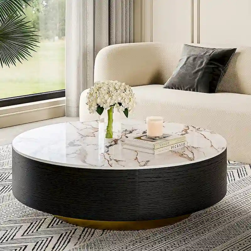 Mesa de centro moderna tipo tambor con chapa de roble, piedra sinterizada y 2 cajones de madera maciza, totalmente ensamblada, blanca