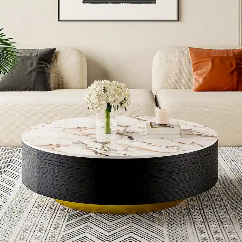 Mesa de centro moderna tipo tambor con chapa de roble, piedra sinterizada y 2 cajones de madera maciza, totalmente ensamblada, blanca