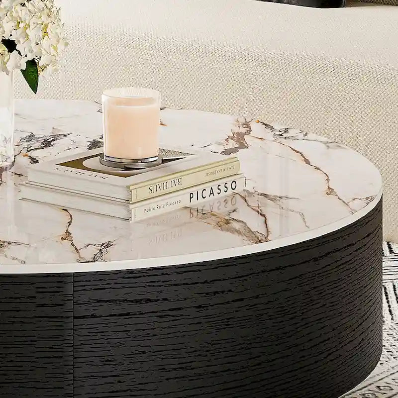 Mesa de centro moderna tipo tambor con chapa de roble, piedra sinterizada y 2 cajones de madera maciza, totalmente ensamblada, blanca