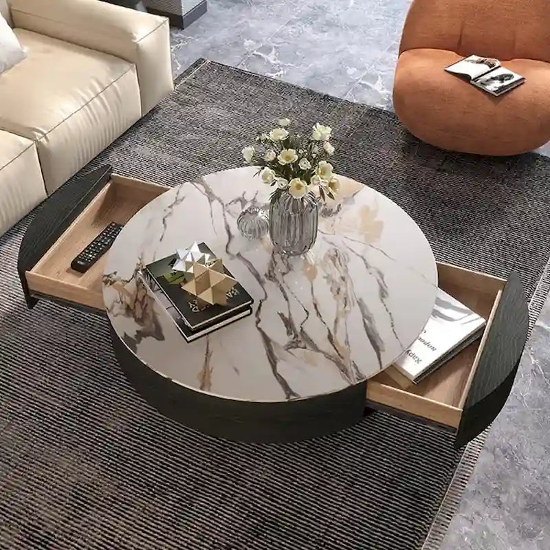 Table basse tambour moderne avec placage de chêne, plateau en pierre frittée et 2 tiroirs en bois massif, entièrement assemblée, blanche