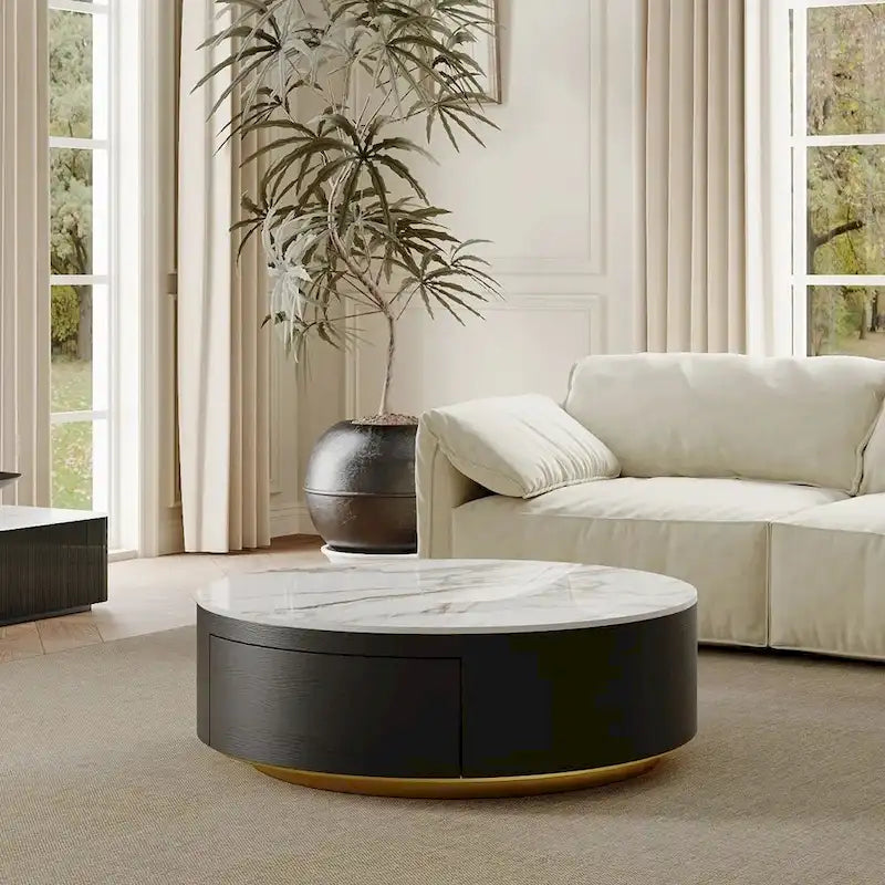 Table basse tambour moderne avec placage de chêne, plateau en pierre frittée et 2 tiroirs en bois massif, entièrement assemblée, blanche