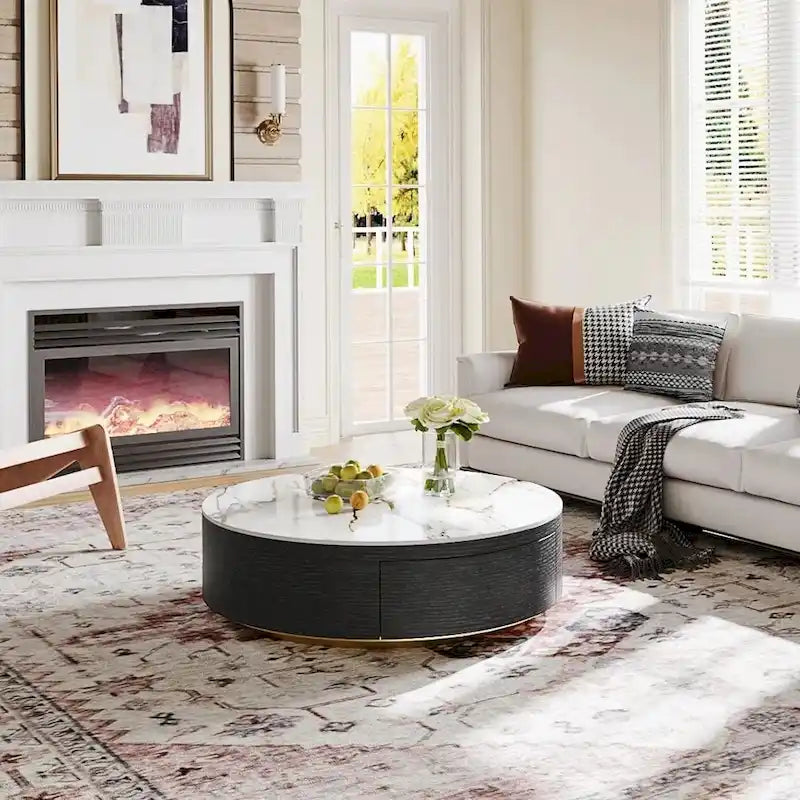 Table basse tambour moderne avec placage de chêne, plateau en pierre frittée et 2 tiroirs en bois massif, entièrement assemblée, blanche