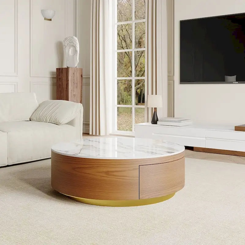 Table basse tambour moderne avec placage de chêne, plateau en pierre frittée et 2 tiroirs en bois massif, entièrement assemblée, blanche