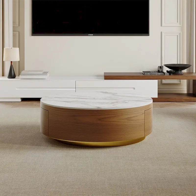 Table basse tambour moderne avec placage de chêne, plateau en pierre frittée et 2 tiroirs en bois massif, entièrement assemblée, blanche