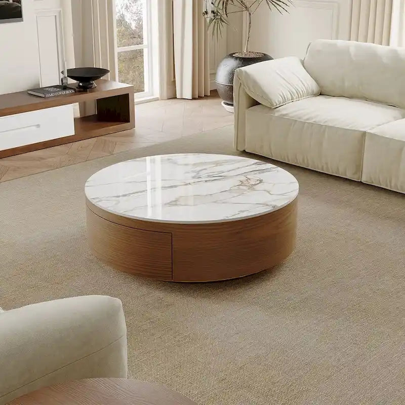 Table basse tambour moderne avec placage de chêne, plateau en pierre frittée et 2 tiroirs en bois massif, entièrement assemblée, blanche