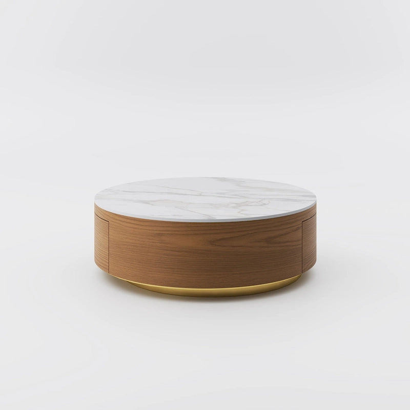 Table basse tambour moderne avec placage de chêne, plateau en pierre frittée et 2 tiroirs en bois massif, entièrement assemblée, blanche