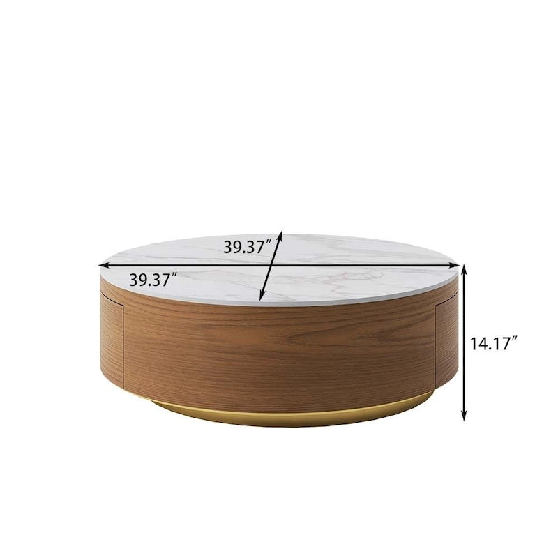 Table basse tambour moderne avec placage de chêne, plateau en pierre frittée et 2 tiroirs en bois massif, entièrement assemblée, blanche