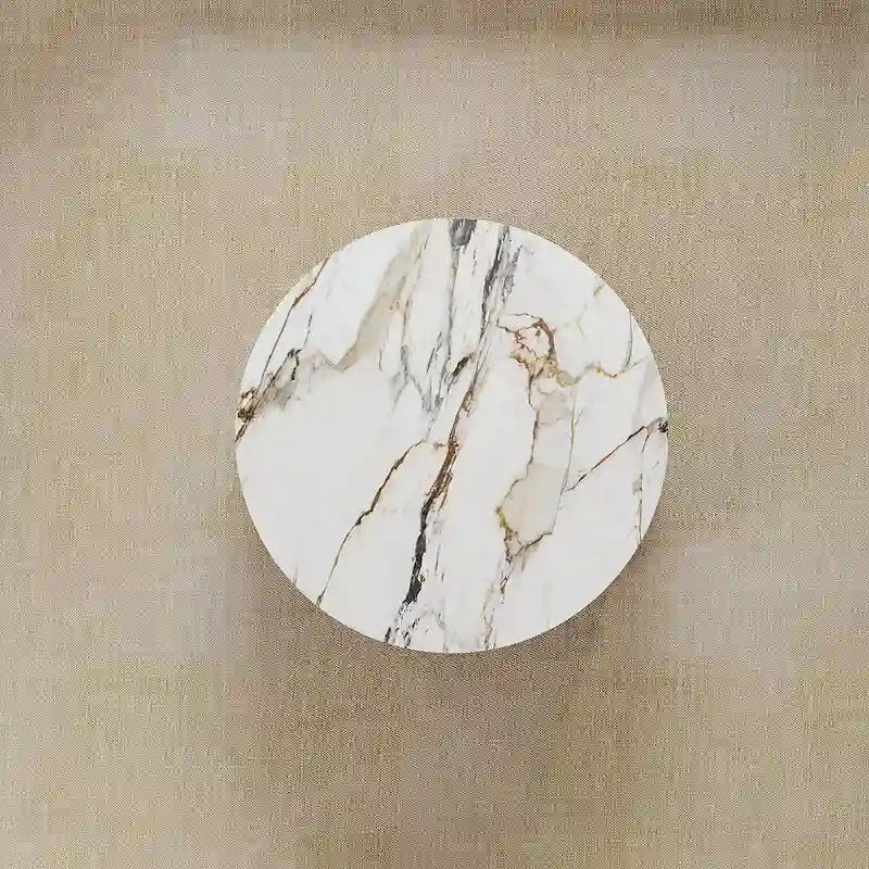 Table basse tambour moderne avec placage de chêne, plateau en pierre frittée et 2 tiroirs en bois massif, entièrement assemblée, blanche
