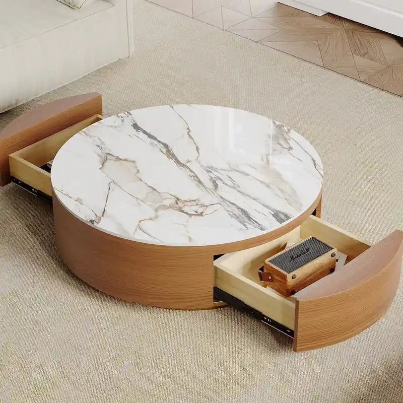 Table basse tambour moderne avec placage de chêne, plateau en pierre frittée et 2 tiroirs en bois massif, entièrement assemblée, blanche