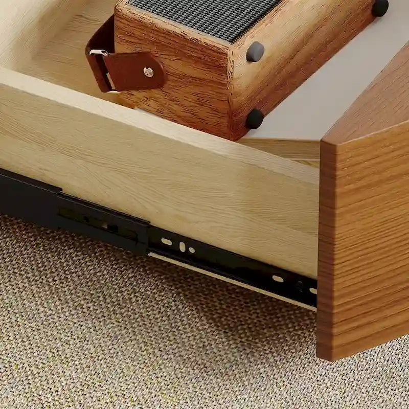 Table basse tambour moderne avec placage de chêne, plateau en pierre frittée et 2 tiroirs en bois massif, entièrement assemblée, blanche