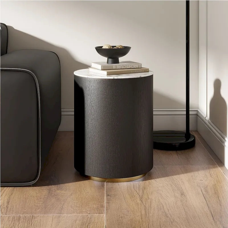Table basse tambour moderne avec placage de chêne, plateau en pierre frittée et 2 tiroirs en bois massif, entièrement assemblée, blanche