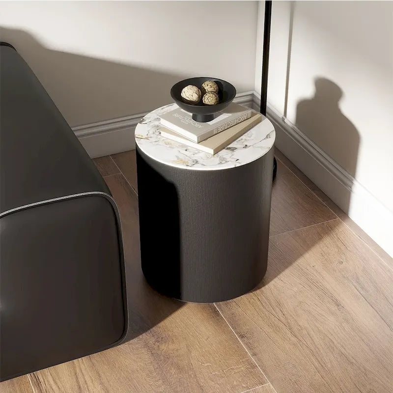 Table basse tambour moderne avec placage de chêne, plateau en pierre frittée et 2 tiroirs en bois massif, entièrement assemblée, blanche