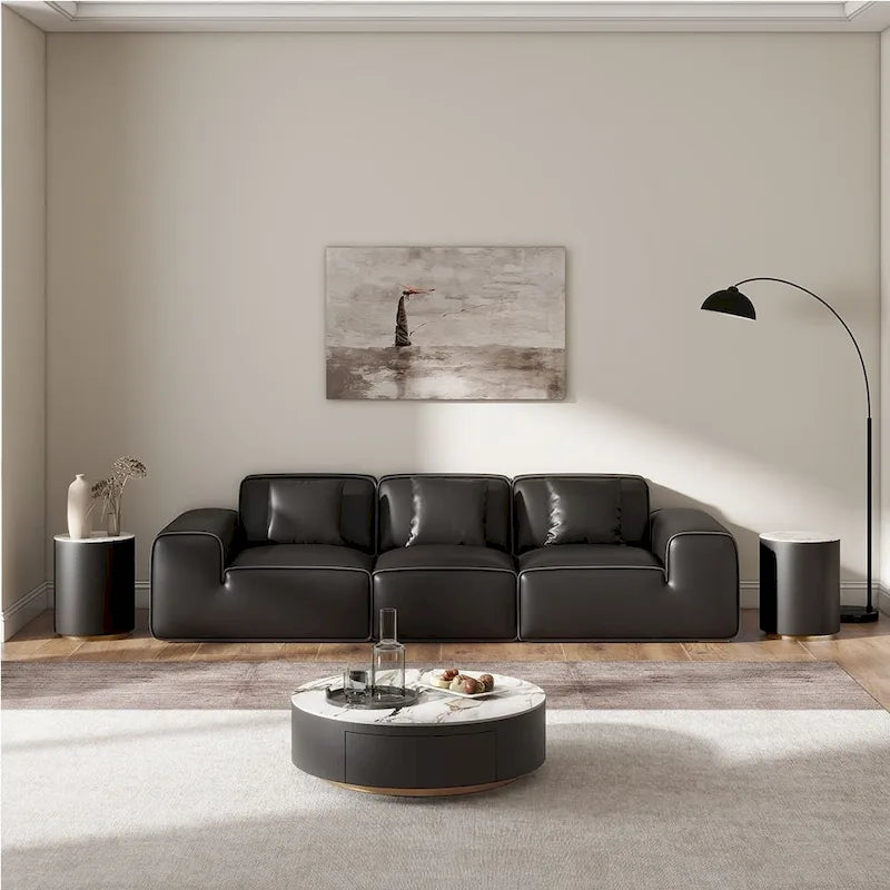 Table basse tambour moderne avec placage de chêne, plateau en pierre frittée et 2 tiroirs en bois massif, entièrement assemblée, blanche