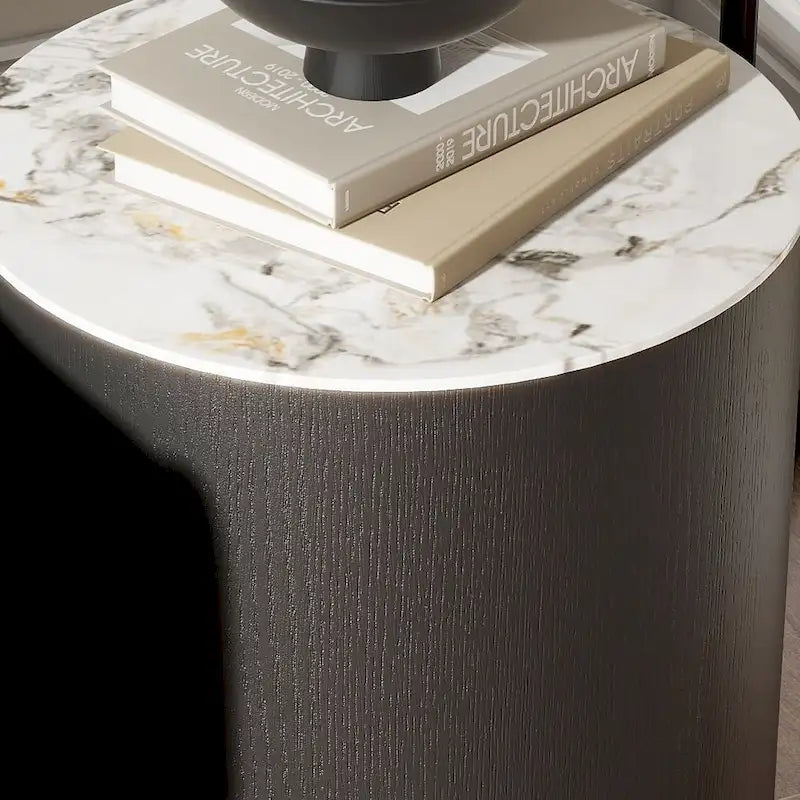 Table basse tambour moderne avec placage de chêne, plateau en pierre frittée et 2 tiroirs en bois massif, entièrement assemblée, blanche