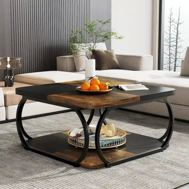 Table basse carrée à 2 niveaux avec étagère de rangement, table basse rustique en bois de 39 pouces pour salon moderne