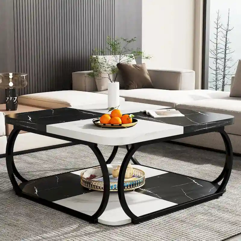 Mesa de centro cuadrada de 2 niveles con estante de almacenamiento, mesa baja de madera estilo granja de 39 pulgadas para sala de estar moderna