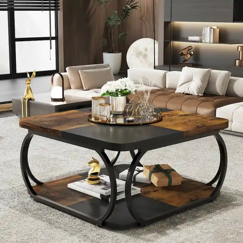Mesa de centro cuadrada de 2 niveles con estante de almacenamiento, mesa baja de madera estilo granja de 39 pulgadas para sala de estar moderna