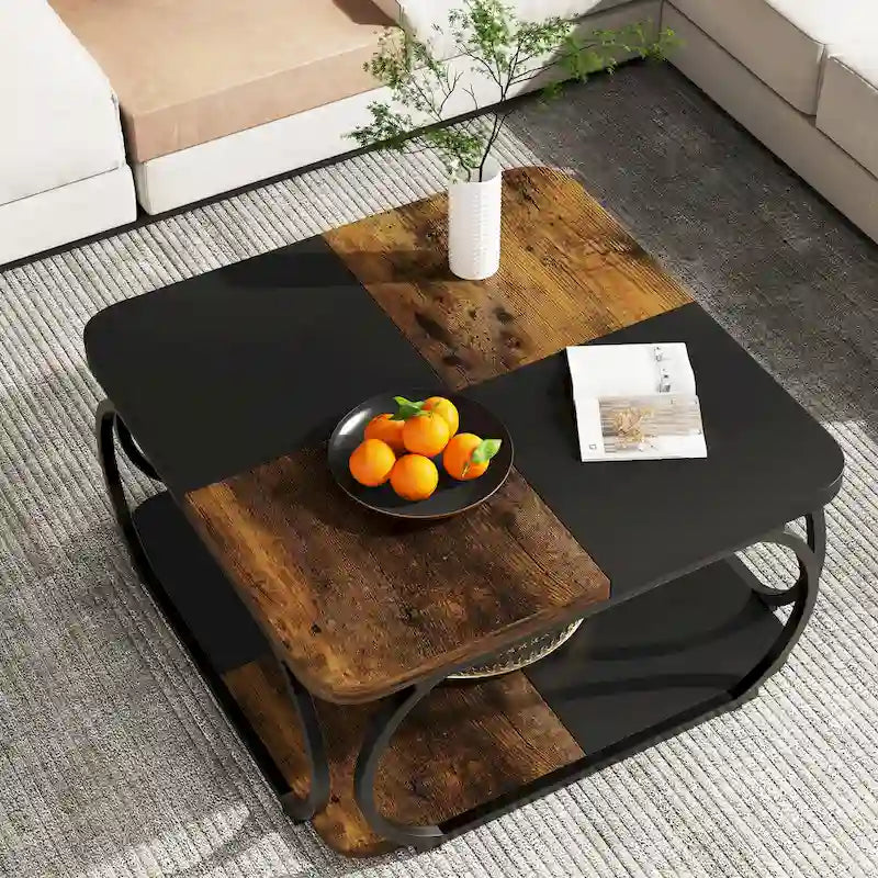 Mesa de centro cuadrada de 2 niveles con estante de almacenamiento, mesa baja de madera estilo granja de 39 pulgadas para sala de estar moderna