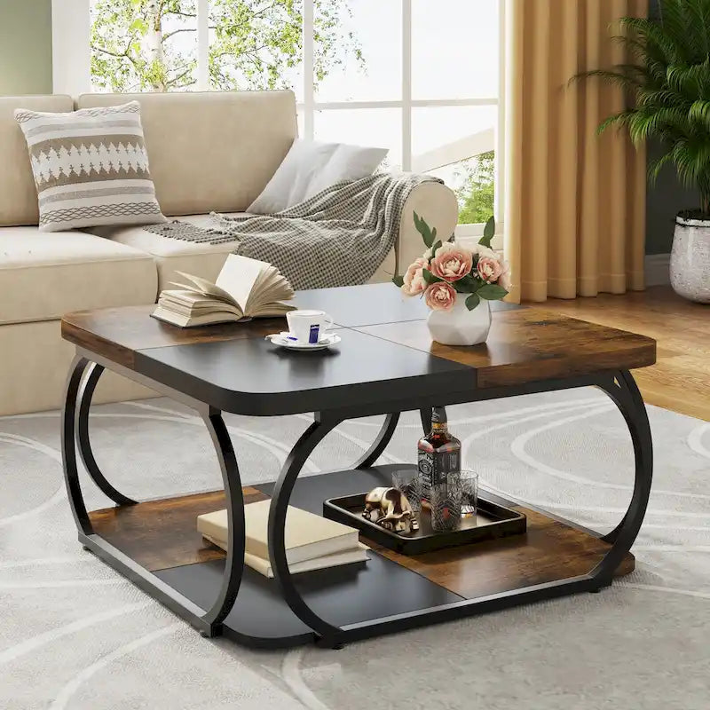 Mesa de centro cuadrada de 2 niveles con estante de almacenamiento, mesa baja de madera estilo granja de 39 pulgadas para sala de estar moderna
