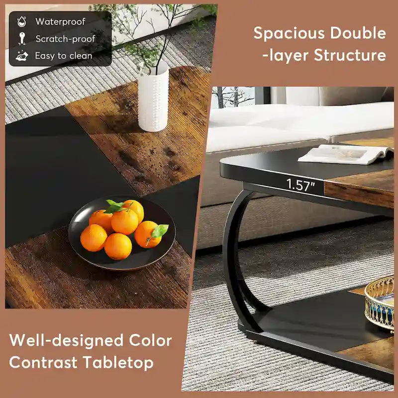 Mesa de centro cuadrada de 2 niveles con estante de almacenamiento, mesa baja de madera estilo granja de 39 pulgadas para sala de estar moderna