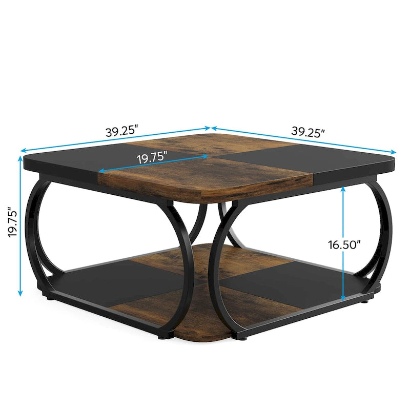 Table basse carrée à 2 niveaux avec étagère de rangement, table basse rustique en bois de 39 pouces pour salon moderne