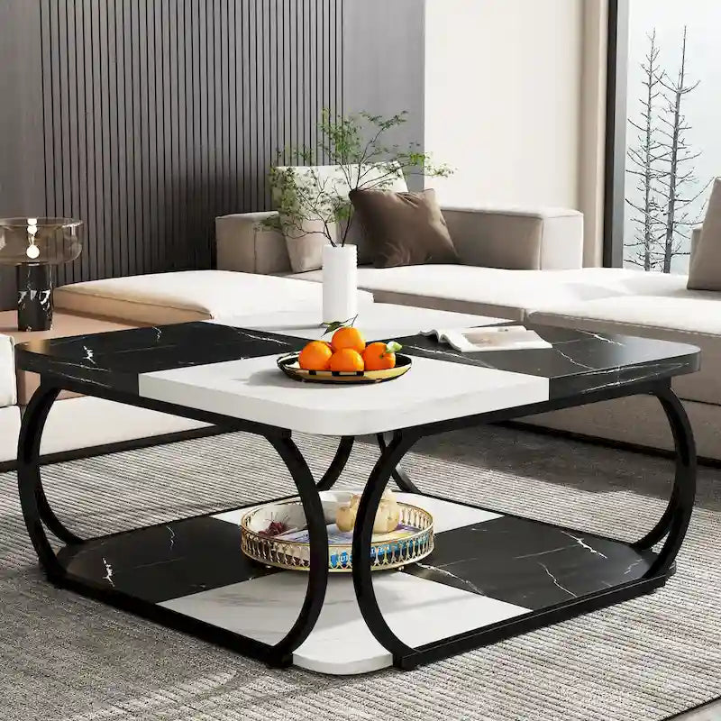Table basse carrée à 2 niveaux avec étagère de rangement, table basse rustique en bois de 39 pouces pour salon moderne