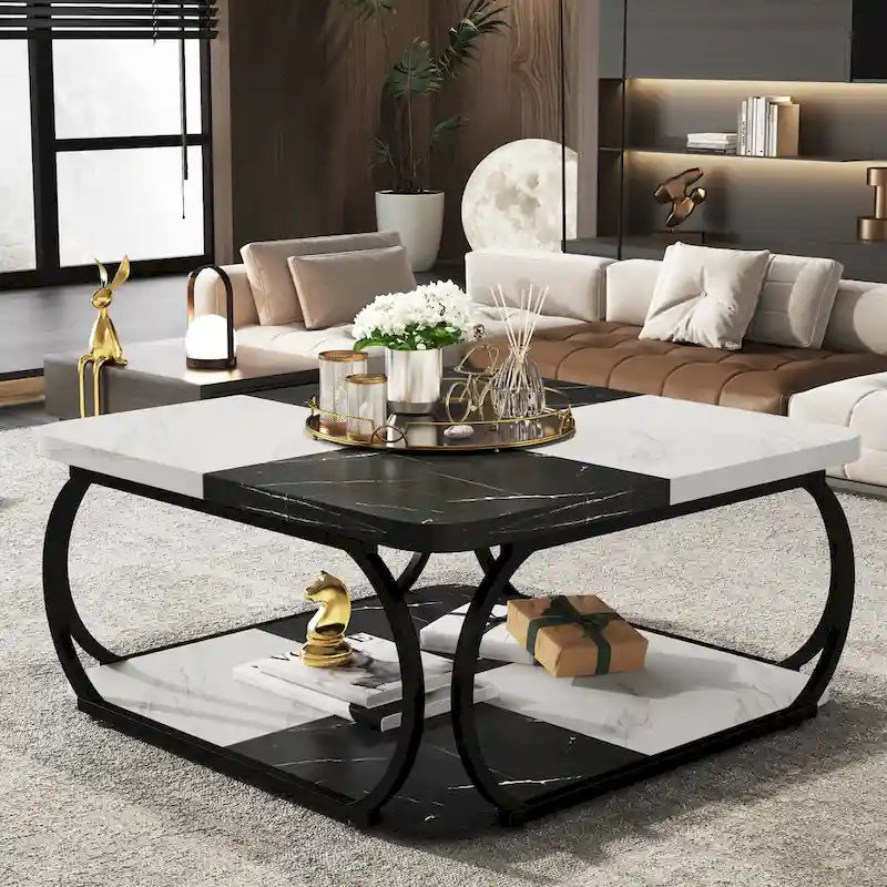Table basse carrée à 2 niveaux avec étagère de rangement, table basse rustique en bois de 39 pouces pour salon moderne