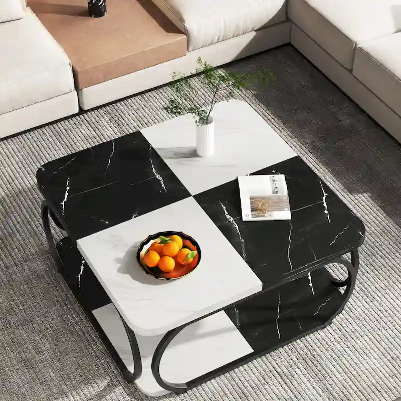 Table basse carrée à 2 niveaux avec étagère de rangement, table basse rustique en bois de 39 pouces pour salon moderne