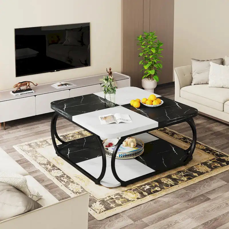 Table basse carrée à 2 niveaux avec étagère de rangement, table basse rustique en bois de 39 pouces pour salon moderne