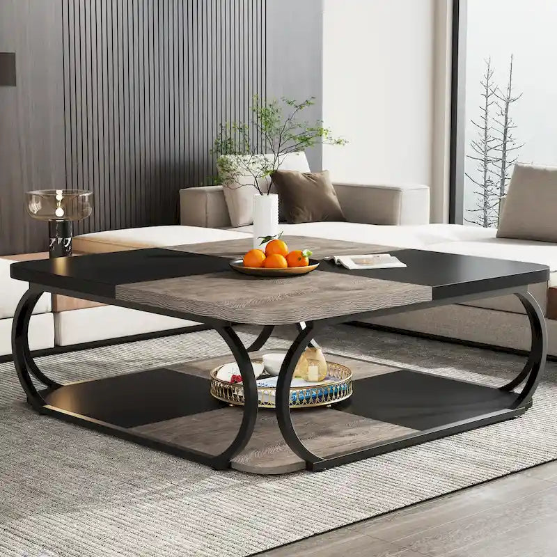 Table basse carrée à 2 niveaux avec étagère de rangement, table basse rustique en bois de 39 pouces pour salon moderne