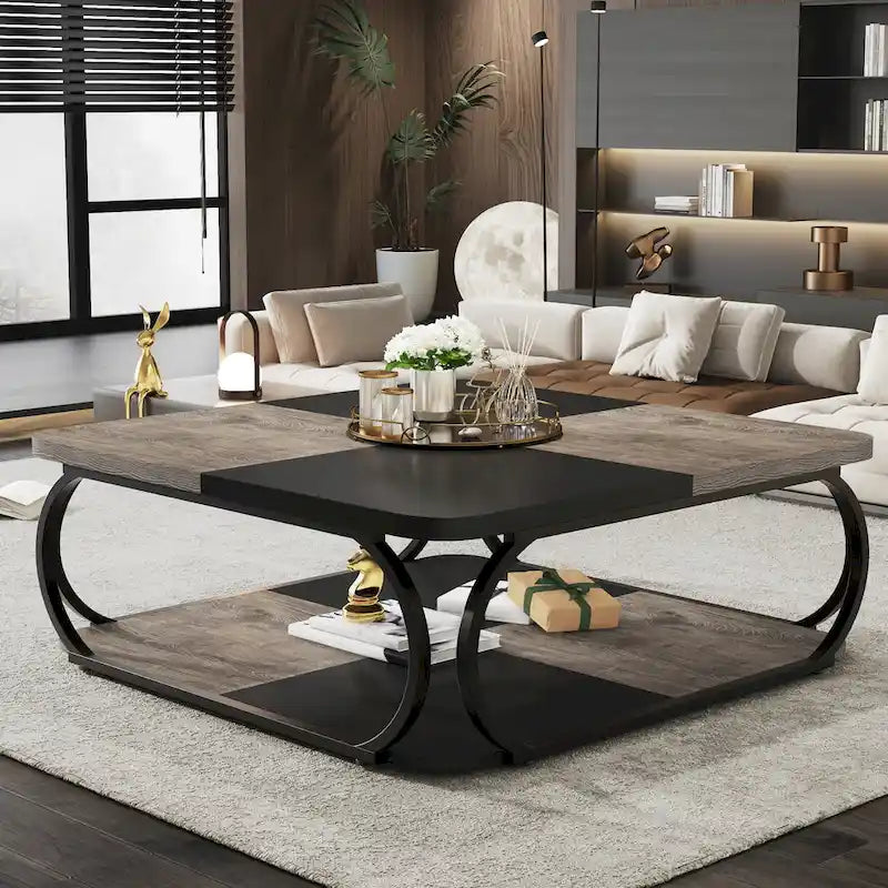 Table basse carrée à 2 niveaux avec étagère de rangement, table basse rustique en bois de 39 pouces pour salon moderne