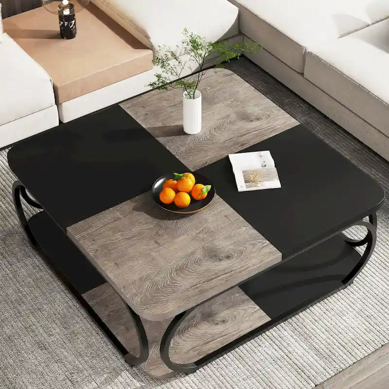 Table basse carrée à 2 niveaux avec étagère de rangement, table basse rustique en bois de 39 pouces pour salon moderne